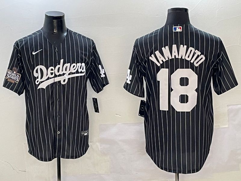 Men Los Angeles Dodgers 18 Yamamoto Black Stripe Jointly Name 2025 Nike MLB Jersey style 10